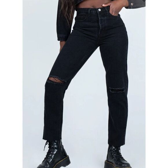 Princess Polly ATTICA KNEE RIP DENIM JEANS BLACK Button Fly Size 6 Nwot - Picture 2 of 9